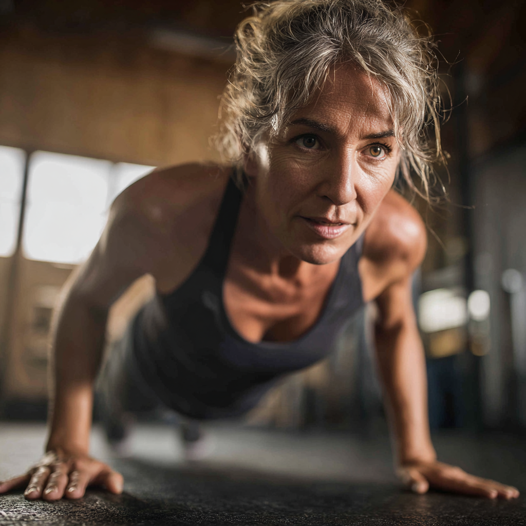 Жінка віком 55 років виконує високоінтенсивні вправи HIIT у спортивному залі