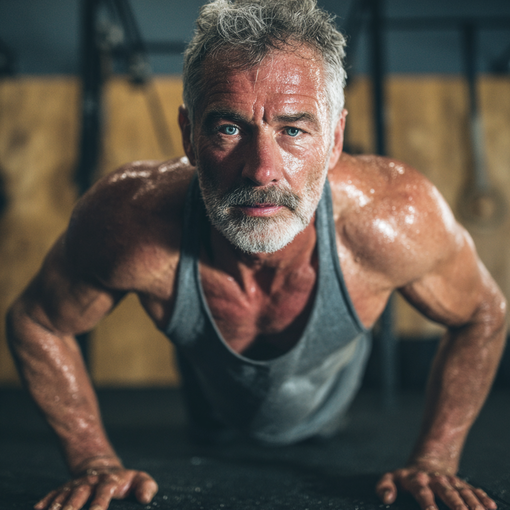 Чоловік віком 60 років займається кросфіт тренуванням з різноманітними вправами