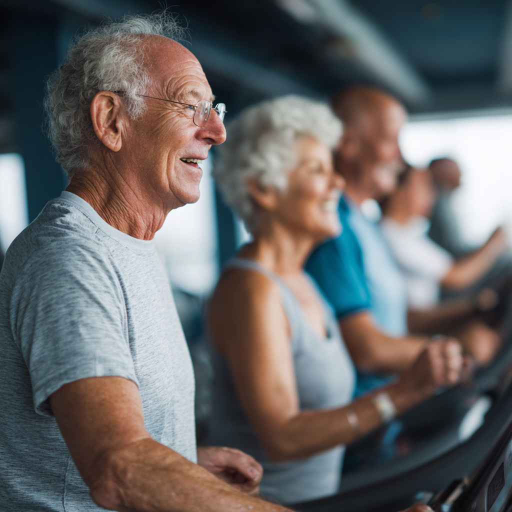 Група людей віком 55-65 років займається кардіо тренуванням на біговій доріжці