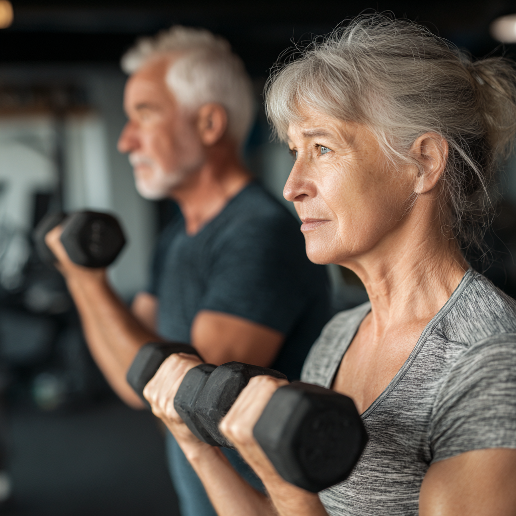 Чоловік та жінка віком 50-60 років виконують силові вправи з гантелями у фітнес-залі